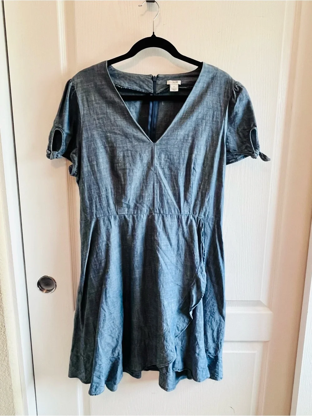 Crew Chambray Tie-Sleeve Ruffle Faux Wrap Dress Size 14 | 100% Cotton Denim Blue